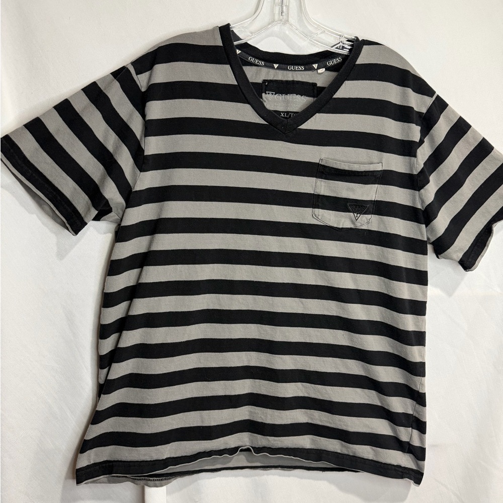 Guess Men's Black and Gray Striped Tee